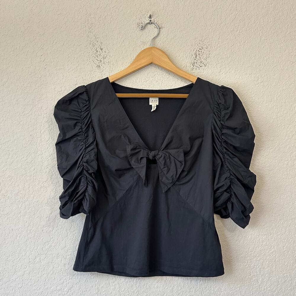 LA VIE REBECCA TAYLOR Poplin Blouse Black Ruched Sleeve V-Neck Bow